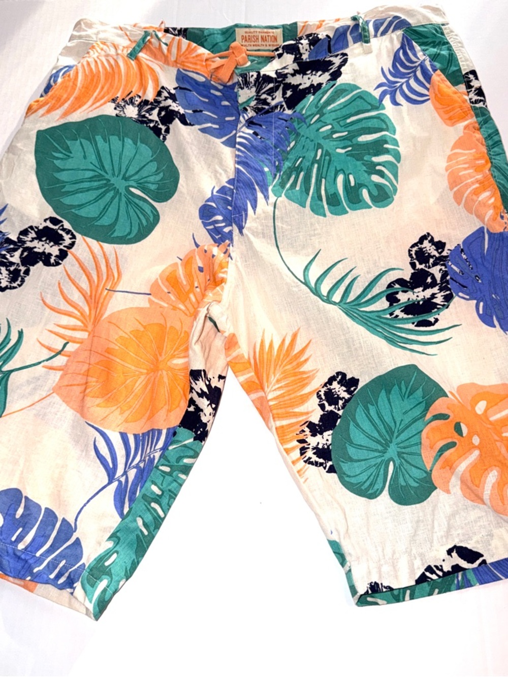 Parish Nation Men’s Tropical Print Hybrid Shorts — Green/Orange/Blue